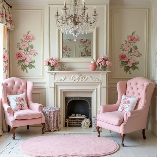 Cottage style living room in cream light pink and white. Rose print pillows with vase of pink roses. Crystal chandelier with candles. Pink wingback chairs with Louis XIV furniture. Pink oval rug on white wood floor. Ivory wallpaper with pink roses and sage green leaves.
