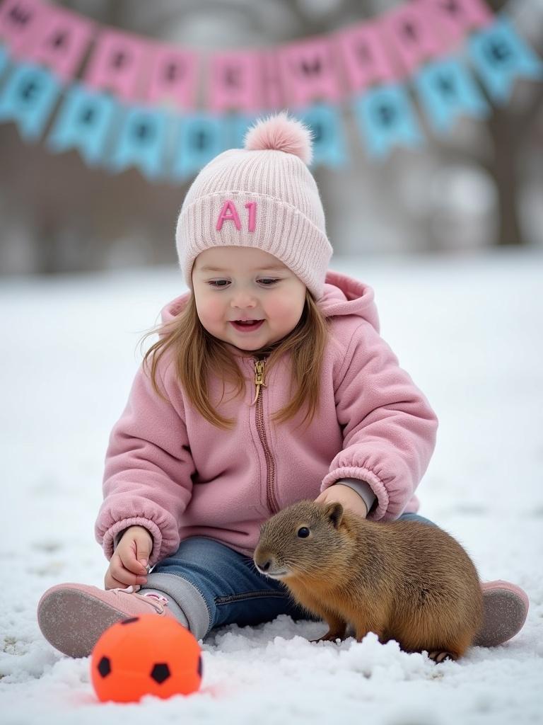 Baby AJ sits on the snow with a groundhog. She plays with a bright orange ball. A festive 'Happy Groundhog Day' banner hangs in the background. Pink jacket with initials A1 and a cute hat. A cheerful winter moment.