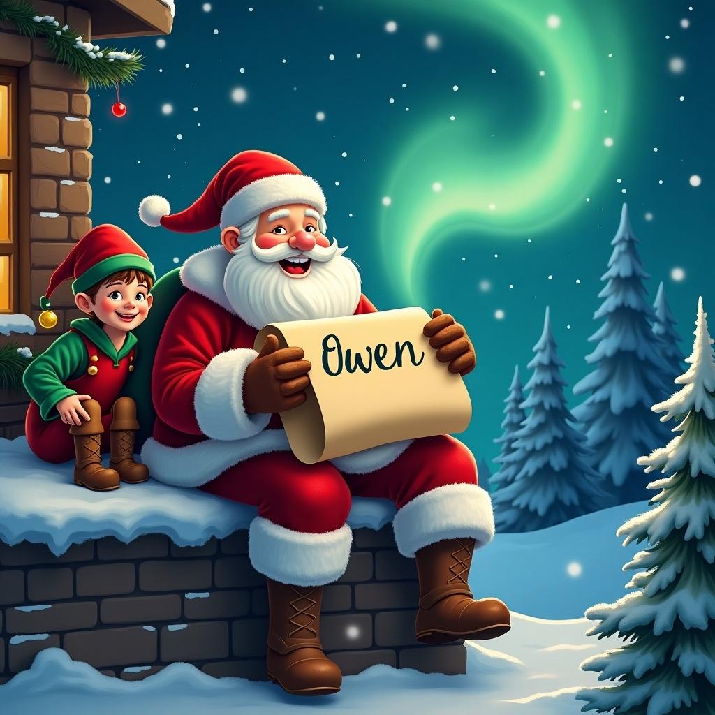 In a cozy winter scene, Santa Claus is sitting on a ledge with a joyful expression. He is holding a scroll that features the name Owen as the northern lights swirl in the night sky. An elf sits beside him, adding a playful element to the scene. Christmas decorations are visible, enhancing the festive atmosphere. The background features snow-covered trees and a whimsical sparkle in the air, suggesting a magical holiday evening.