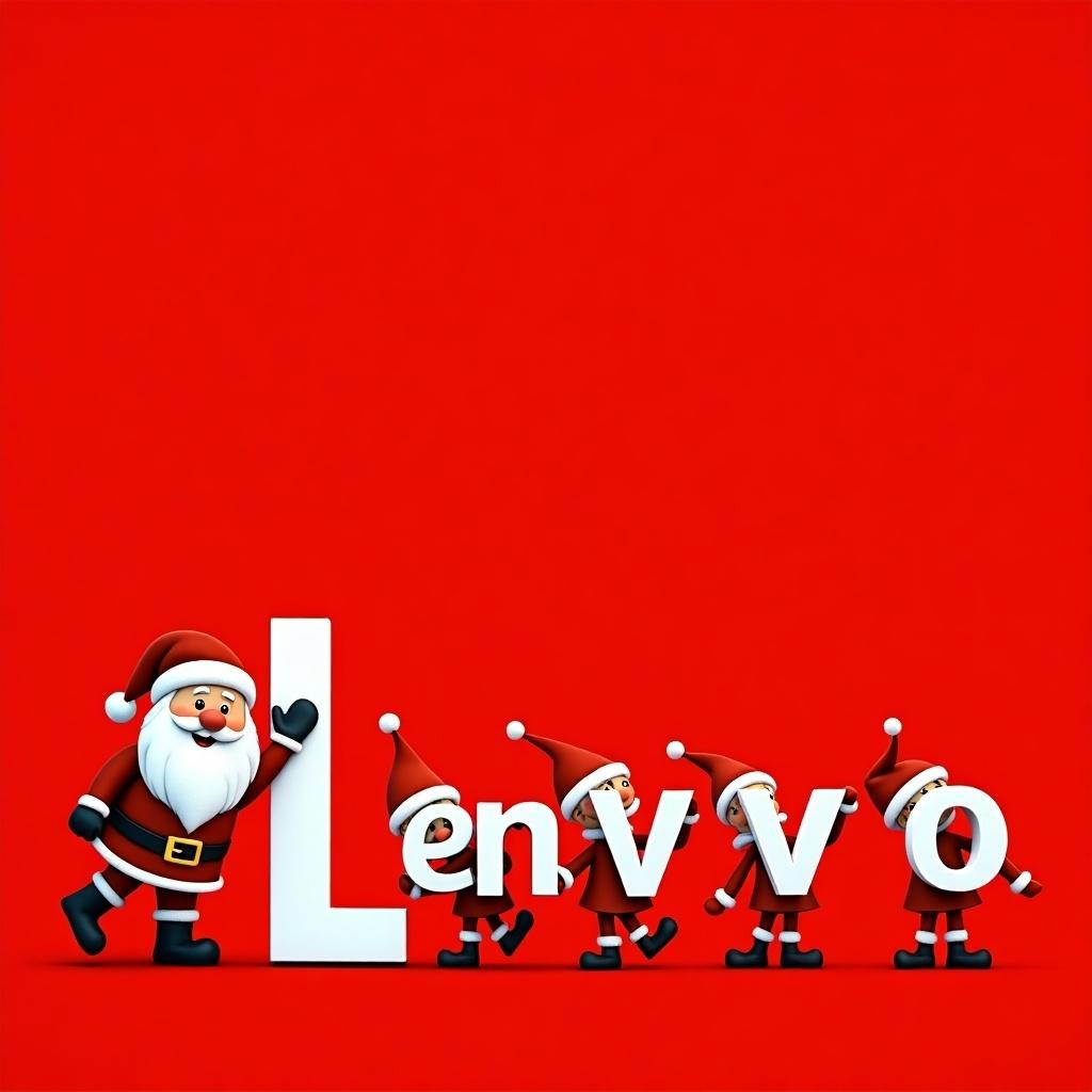 The image features a vibrant red background. On the left, Santa Claus is playfully leaning against a large white letter 'L'. Following him, a row of cheerful elves each carry one letter from the word 'Lenovo', specifically the letters e, n, o, v, and o. The scene evokes a festive holiday spirit, making it ideal for technology and retail promotions. The whimsical design harmonizes the characters with a tech company theme, creating a unique blend of Christmas and branding.