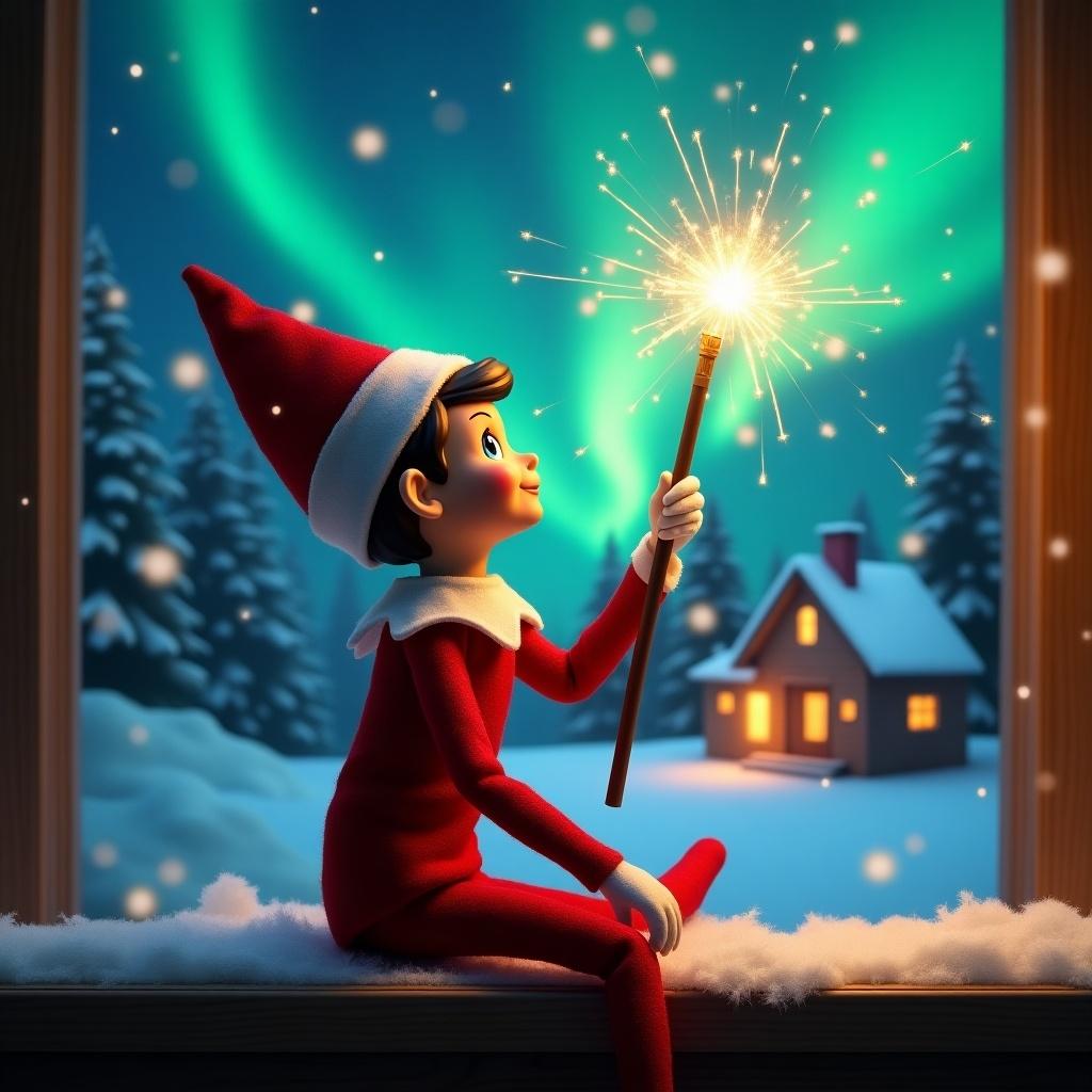 An elf on the shelf sits with back to viewer. The elf gazes upward. The elf holds a glowing wand. A Christmas scene appears with northern lights. A cozy house is in the distance. Snow covers the ground. The elf represents Christmas magic. The name 'Josh Enzo Laila' appears from the wand.