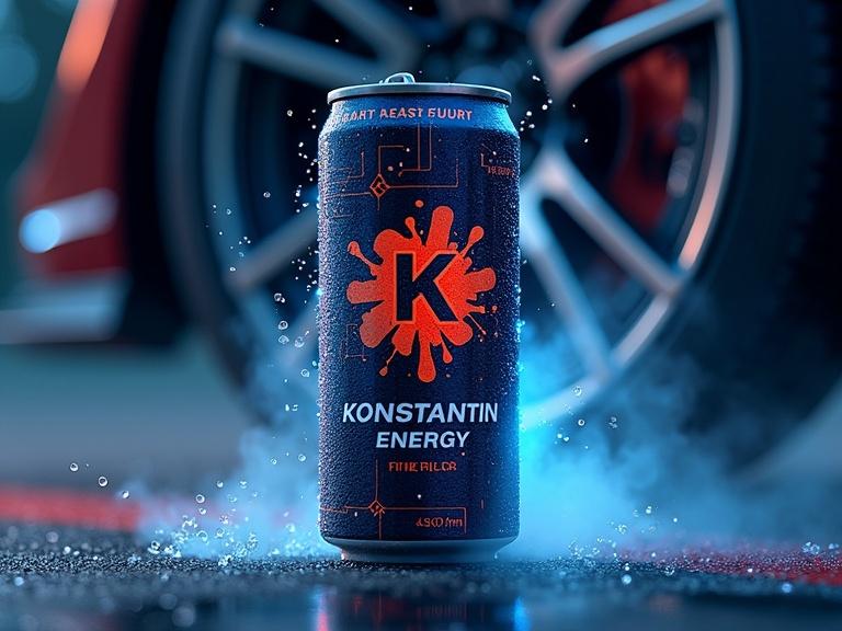 Futuristic sleek can of energy drink labeled KONSTANTIN ENERGY. Electric circuit design, lightning splash, glossy wheel silhouette background, fog drops on can, epic view, low angle, close-up.