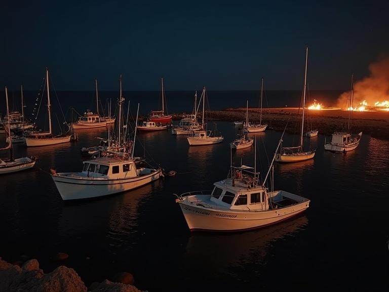 Night view of a fishing port in Galicia Spain. Various sizes of boats are anchored. In the distance, a beach with burning bonfires is visible.