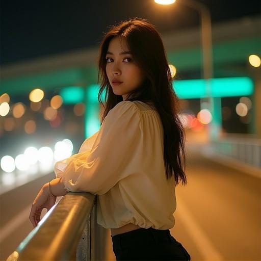 Model poses casually against a railing at night. Artificial lighting creates a warm glow. Background features blurred city lights. Model wears a loose blouse and dark pants. She exhibits a relaxed and thoughtful demeanor.