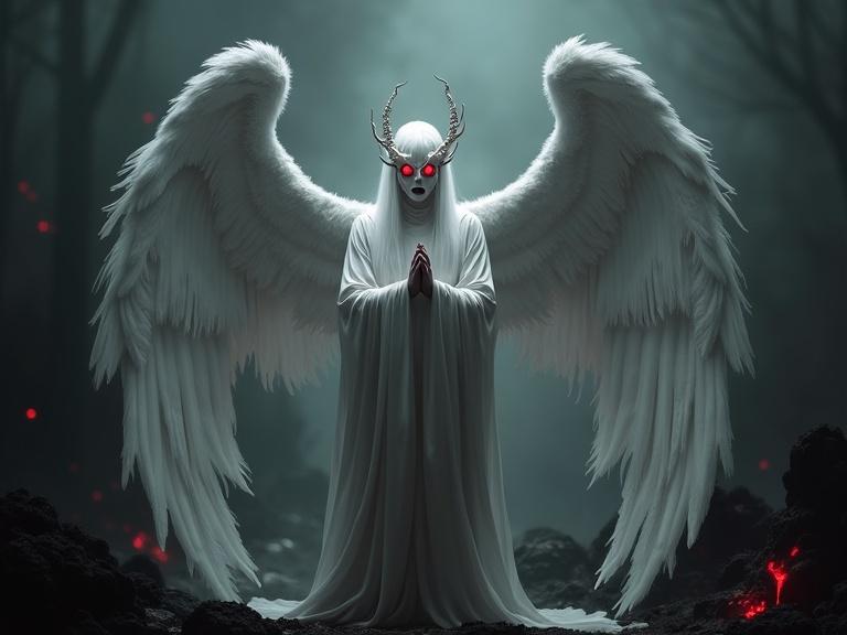 White evil angel figure with shiny red eyes. Dark hellish background. Large wings. Eerie atmosphere. Foreboding lighting. Mysterious and powerful presence.