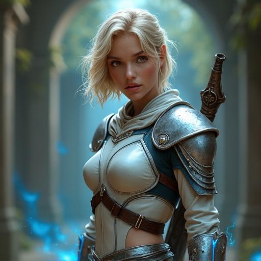 Full-body portrait of a female hunter. Short wavy blonde hair. Intense golden eyes. Sleek, elegant light armor with silver and blue. Calm and ready for battle pose. Athletic body. Soft lighting. Dynamic composition. Fantasy background with glowing forest.
