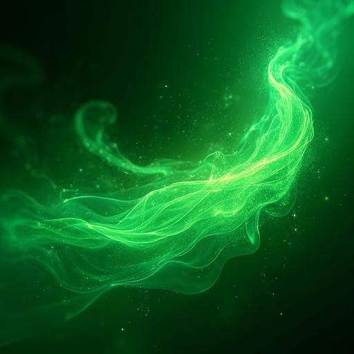 Abstract visualization of green regenerative magic. Flowing streams of luminous green energy swirl and dance. Forms graceful spirals and organic patterns. Resembles vines, leaves, or fractal roots. Glowing softly in emerald, jade, and mint hues. Gentle pulses of light suggest life force. Tiny sparks enhance ethereal effect. Dark background allows vibrant energy to stand out. Soft gradients and glowing light effects create magical atmosphere.