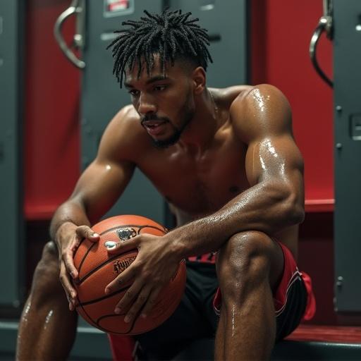 Photorealistic image of an attractive sinewy basketball player. Player sitting on a locker room bench. Dripping in sweat.