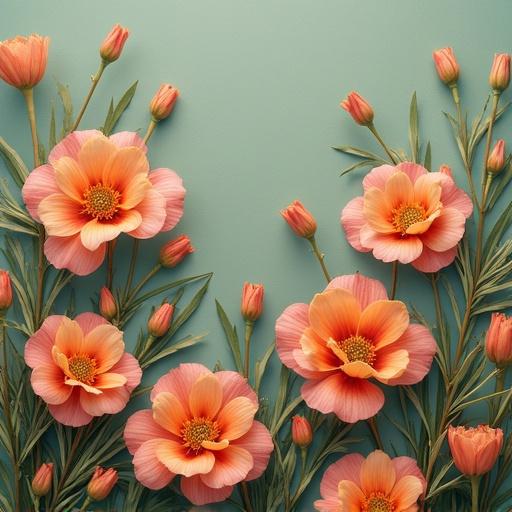 Aperture image features floral accents in Wes Anderson style. Colorful flowers with lush leaves set against a smooth mint green background. The arrangement gives a whimsical and artistic feel.