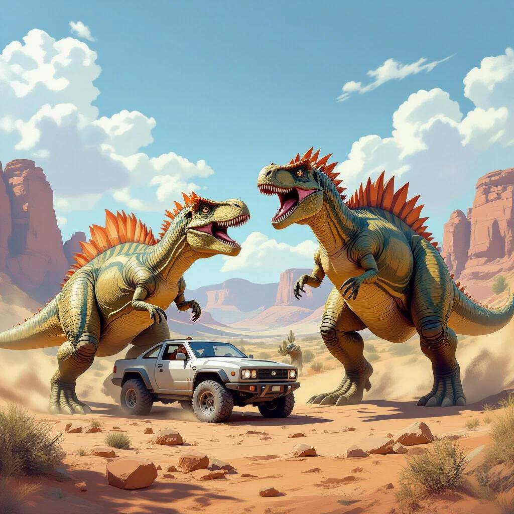Illustration featuring an Ankylosaurus facing off against a Carnosaur in a desert landscape. A white SUV is visible nearby. Both dinosaurs appear fierce and dynamic. The sky is bright and blue with soft clouds. A sense of action prevails in the scene.