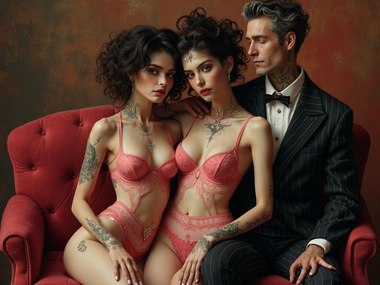 A surreal portrait of a vampire family featuring two women in intricate pink lingerie and a man in a pinstriped suit. The setting includes a background of warm brown and red tones, with detailed artistic patterns inspired by Gustav Klimt and abstract artists from the Harlem Renaissance.