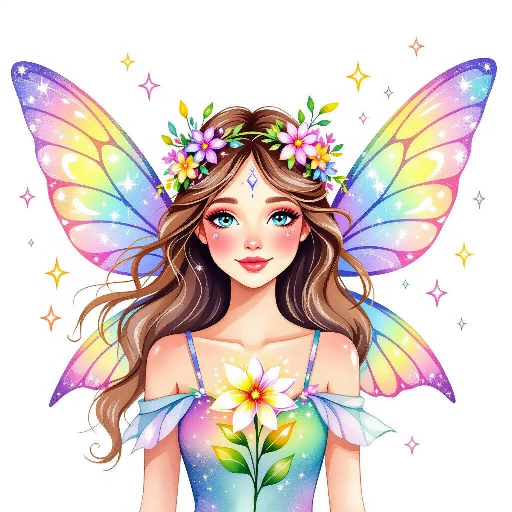 Watercolor illustration clipart of magical fairy girl with glittering rainbow wings and glowing flower crown. Isolated on a white background.