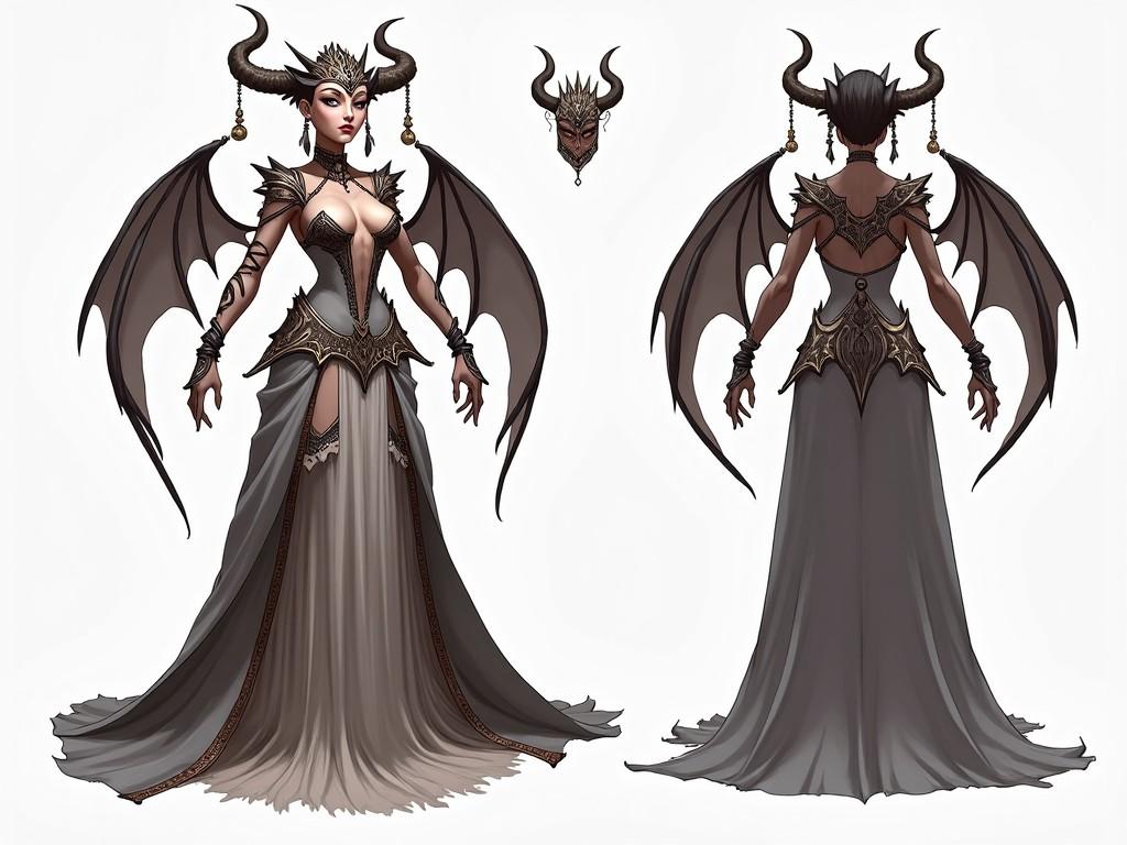 The image depicts  the Demon Lord Lilithmon, a character with a regal and mythical appearance. Lilithmon is shown in three different poses: side, frontal, and back, giving a comprehensive view of her design. She wears an elaborate gown with wings and intricate accessories that highlight her mystical nature. In the frontal view, her elaborate headdress and confident expression are prominent. The side and back views emphasize her flowing garments and wing-like extensions, showcasing her majestic and commanding presence.