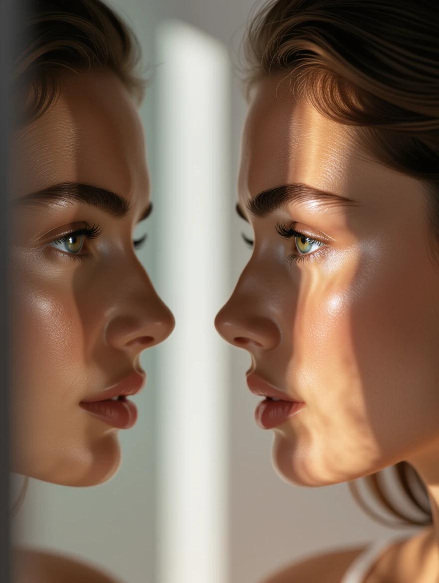 Close-up of a face looking into a mirror. Face shows intensity and calm. Half-shadowed lighting suggests internal dialogue. Background is soft and minimal.