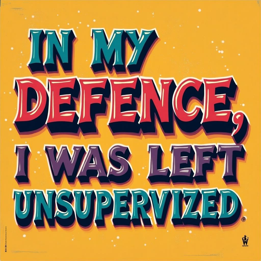 Colorful retro image featuring the phrase 'In my defense, I was left unsupervised'. Bright colors and bold typography create a playful atmosphere.