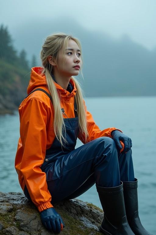 A young woman sitting on a cliff overlooking the sea during rain. She has long blonde hair in pigtails and bright blue eyes. She wears an orange raincoat and navy blue latex dungarees with gloves and wellies. The setting shows a moody atmosphere with storm clouds and a cold sea.