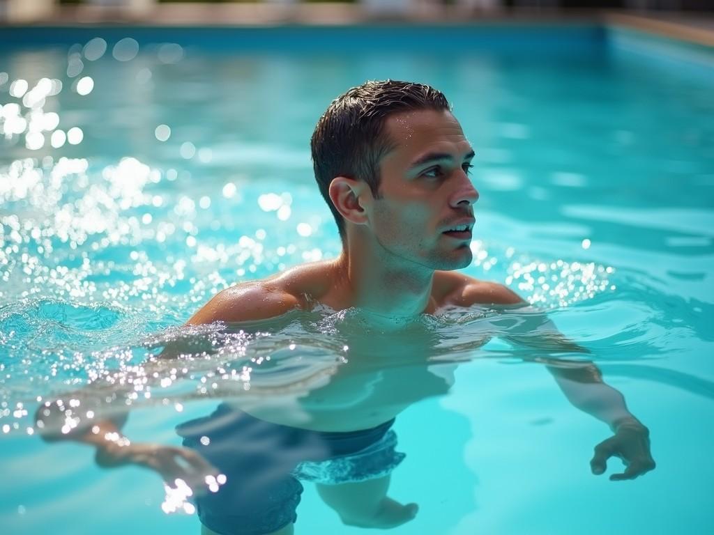 A person enjoying a moment of tranquility in a sunlit swimming pool.