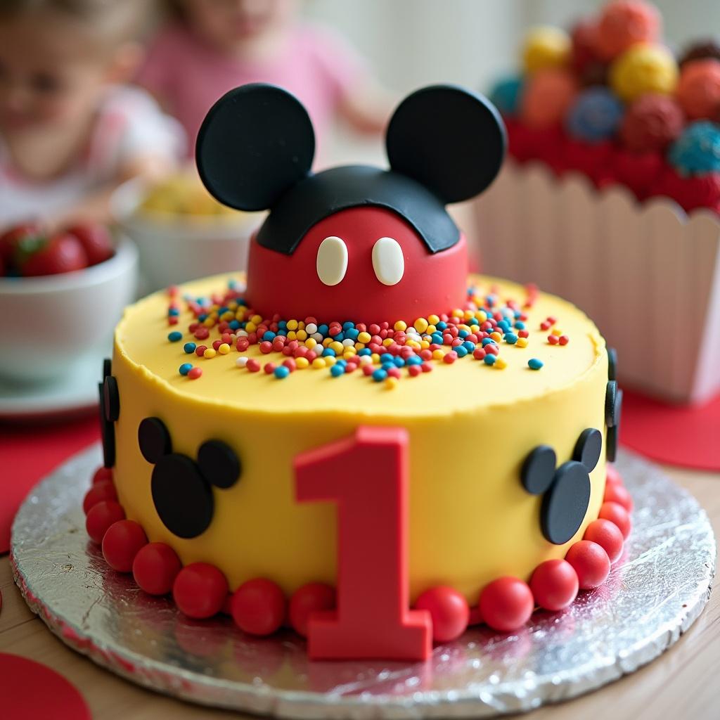 A colorful Mickey Mouse themed cake for a child's first birthday. The cake features a red and yellow design, with Mickey ears on top, surrounded by sprinkles. In the background, children enjoy the party atmosphere.