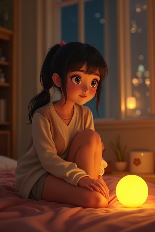 Animated character sitting in a cozy bedroom at night. Soft lighting filters through the window creating comfort. A glowing yellow orb floats beside her ear. The character has a thoughtful expression. A warm and inviting atmosphere is present.