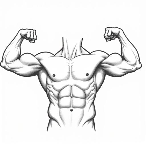 Black and white line art drawing of a simplified muscular male torso. Torso is flexing with both arms showing bulging biceps. Art is done with pencil style and lacks intricate details.