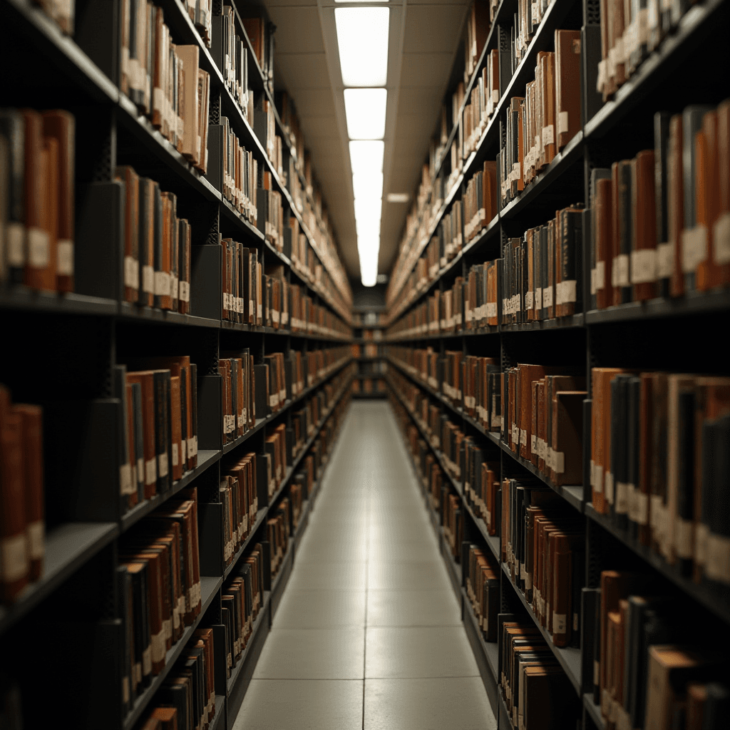 A narrow library aisle lined with bookshelves filled with books.