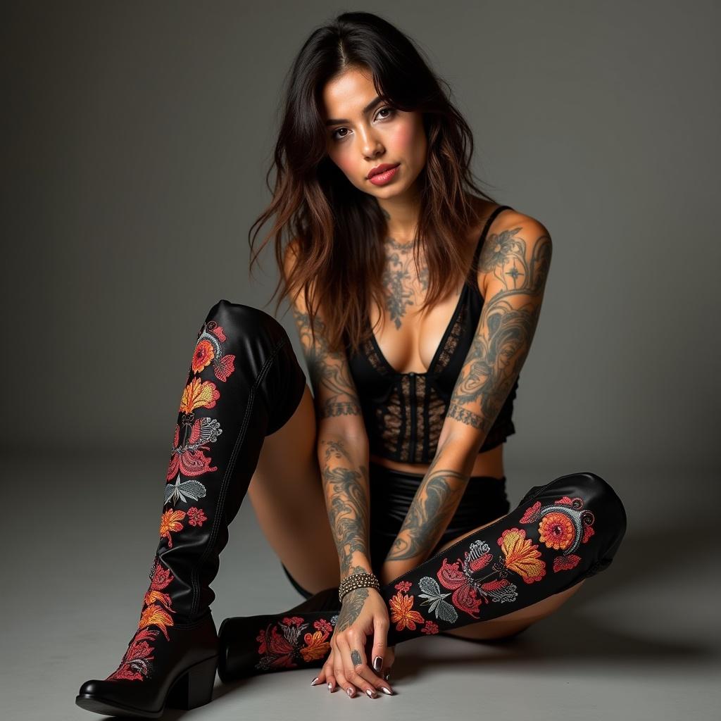 Filipino model showcases embroidered thigh high boots. Brunette hair complements stylish appearance. Model sits with legs crossed highlighting outfit and tattoos.