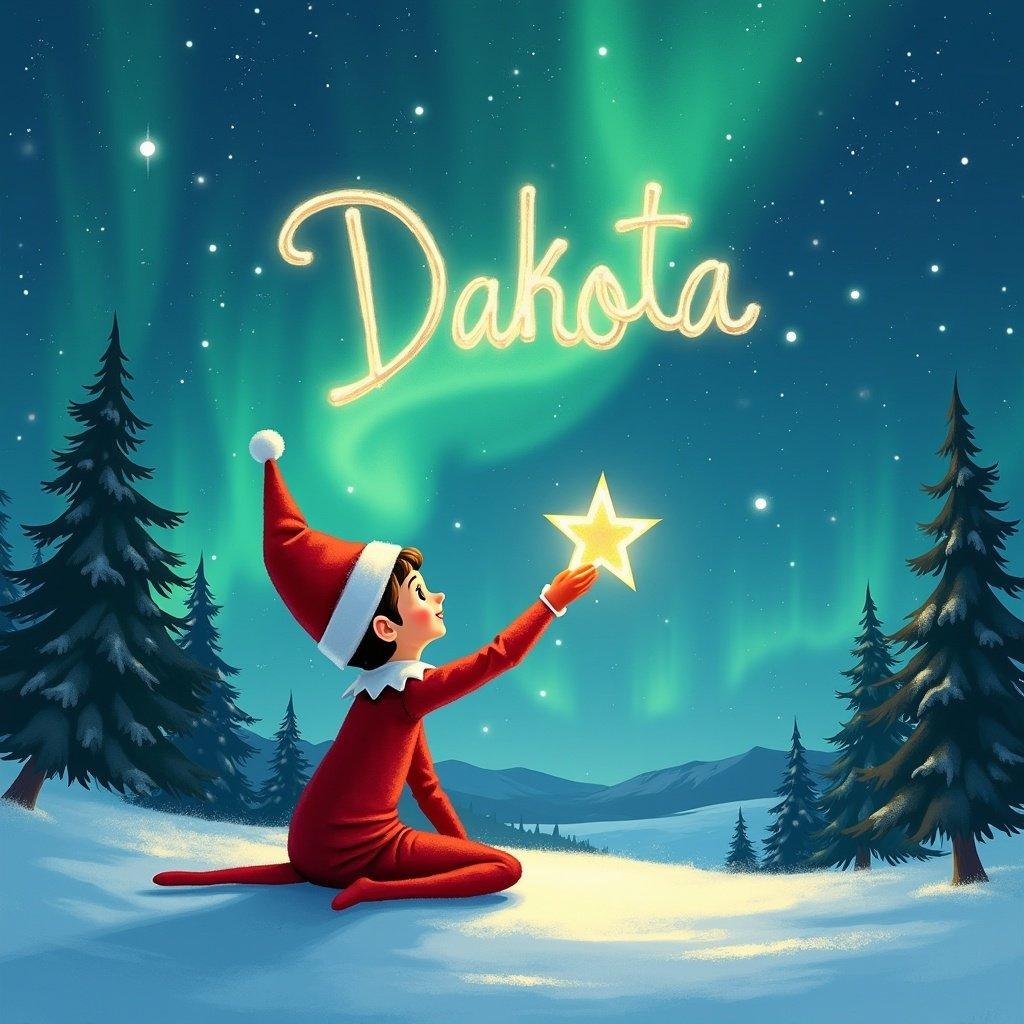 Elf on the Shelf sitting in snowy landscape. Elf gazing upwards at vibrant northern lights. Writing message Dakota in the sky while holding glowing star. Snow covers the ground, evergreen trees in the background. Festive and magical mood.