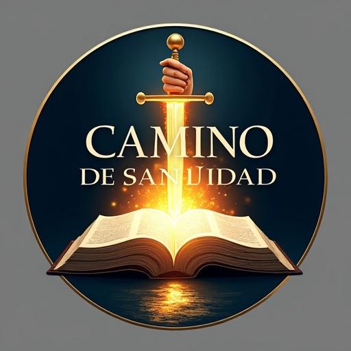 Hyperrealistic logo design for a Pentecostal Evangelical church named Camino de Santidad. Circular logo with bold text. Open Bible in the center with a divine hand holding a flaming sword. Flames surrounding the sword. Color palette includes deep blue, gold/yellow, and white. Subtle path silhouette at the bottom. Clean lines and professional appearance.
