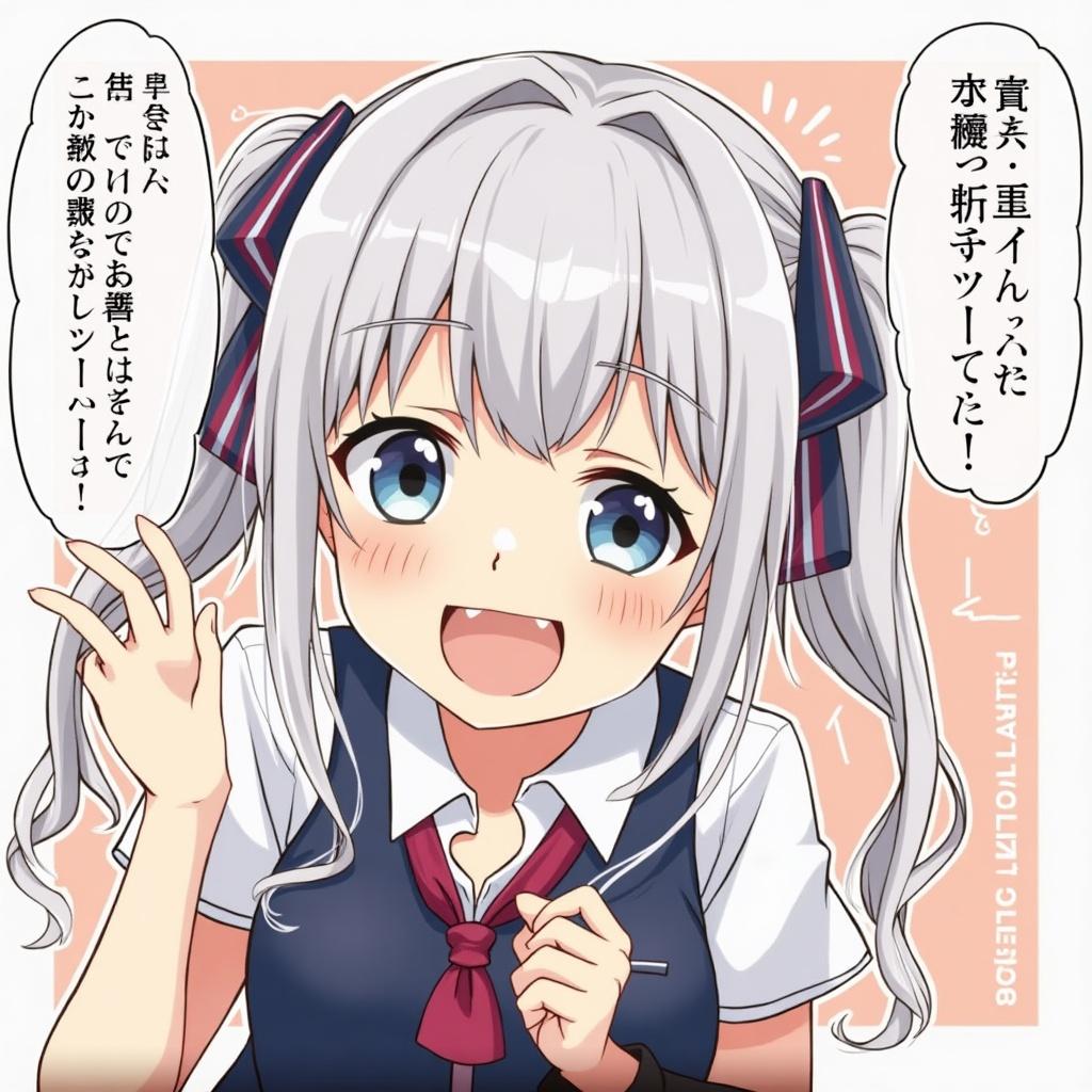 Anime character with white hair and braids smiling in a school uniform. The background is pastel pink with playful elements. Speech bubble includes excitement about something. Brightly colored illustration intended for a playful tone.
