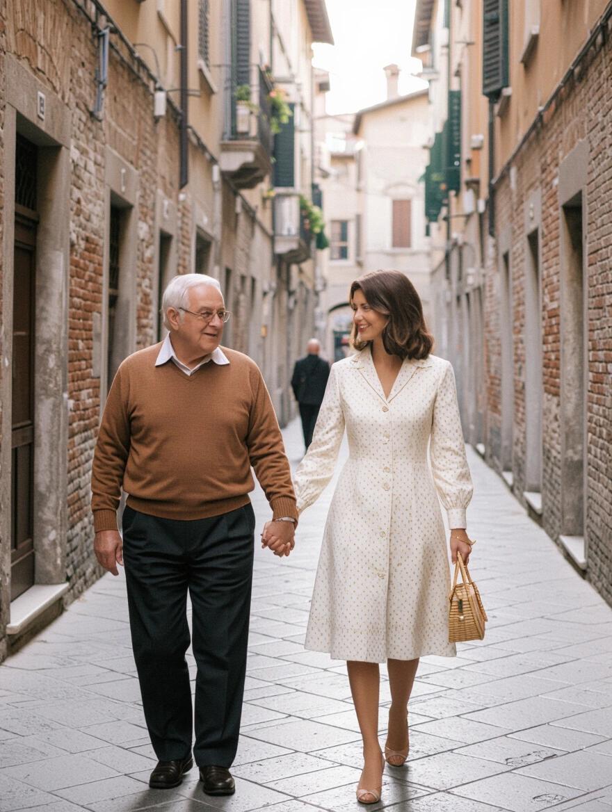 1960s woman holding hands with an older man walking through an Italian alley.