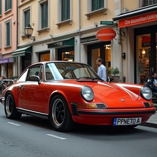Red sports car parked on an Italian street. Urban setting with people walking around. Vintage style car design.