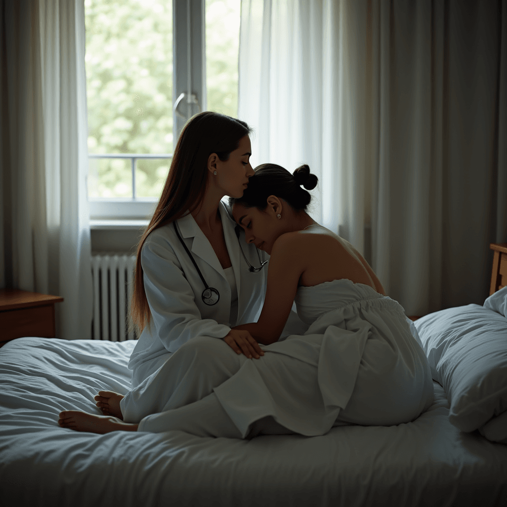 A comforting doctor sits on a bed, consoling a woman with a gentle embrace.