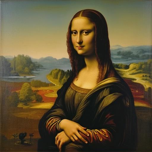 An extraterrestrial version of the Mona Lisa with a serene expression. Background includes a scenic landscape with hills and waterways. Traditional painting techniques with a modern twist.