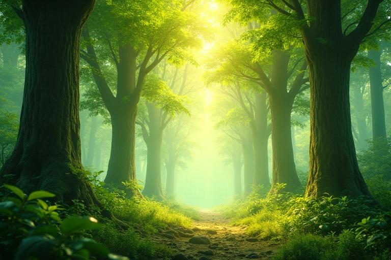Lush dense forest filled with towering trees and vibrant green foliage. Golden sunlight filters through the canopy. Leaves fall in breeze creating a serene atmosphere. Brightly lit, ultra-HD scene showcasing rich textures of bark and leaves.