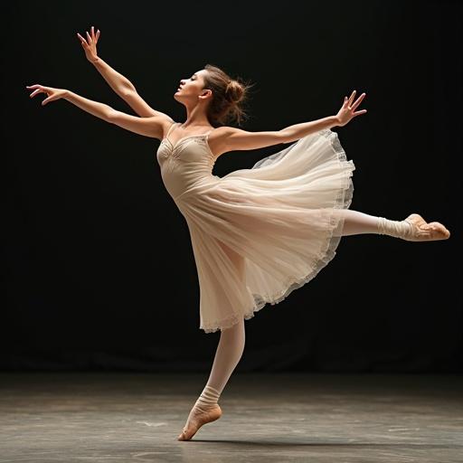 A ballet dancer performs a grand jeté with both legs extended in the air. Dramatic lighting highlights the dancer's pose. Soft colors blend into the background.