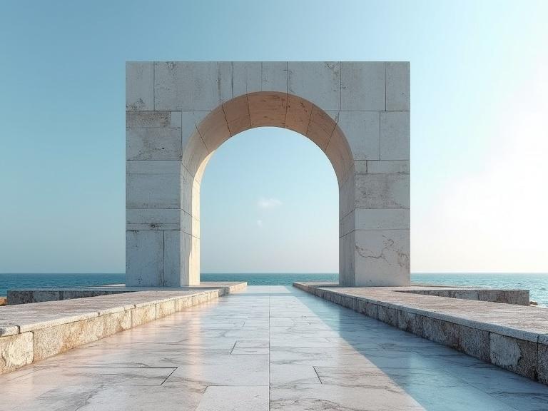 A grandiose architecture featuring a large arch made of marble. The structure is set against an ocean backdrop with a clear sky. The ground consists of stone slabs leading up to the arch. The scene conveys an abstract and serene atmosphere with hints of abandonment. The horizon is visible with foam from the ocean near sea rocks.