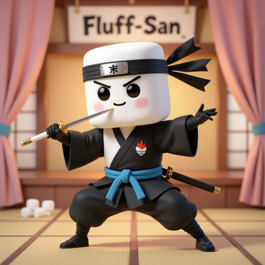 A comedic ninja character named Fluff-san appears with a toasted marshmallow body. Small black eyes convey a serious expression. Wears a flowing black ninja headband and a kimono with a blue dental floss belt. Displays a flame and marshmallow emblem on his back. Holds a toothpick sword with a golden handle. Poses gracefully, blending karate and ballet in a candy dojo background.