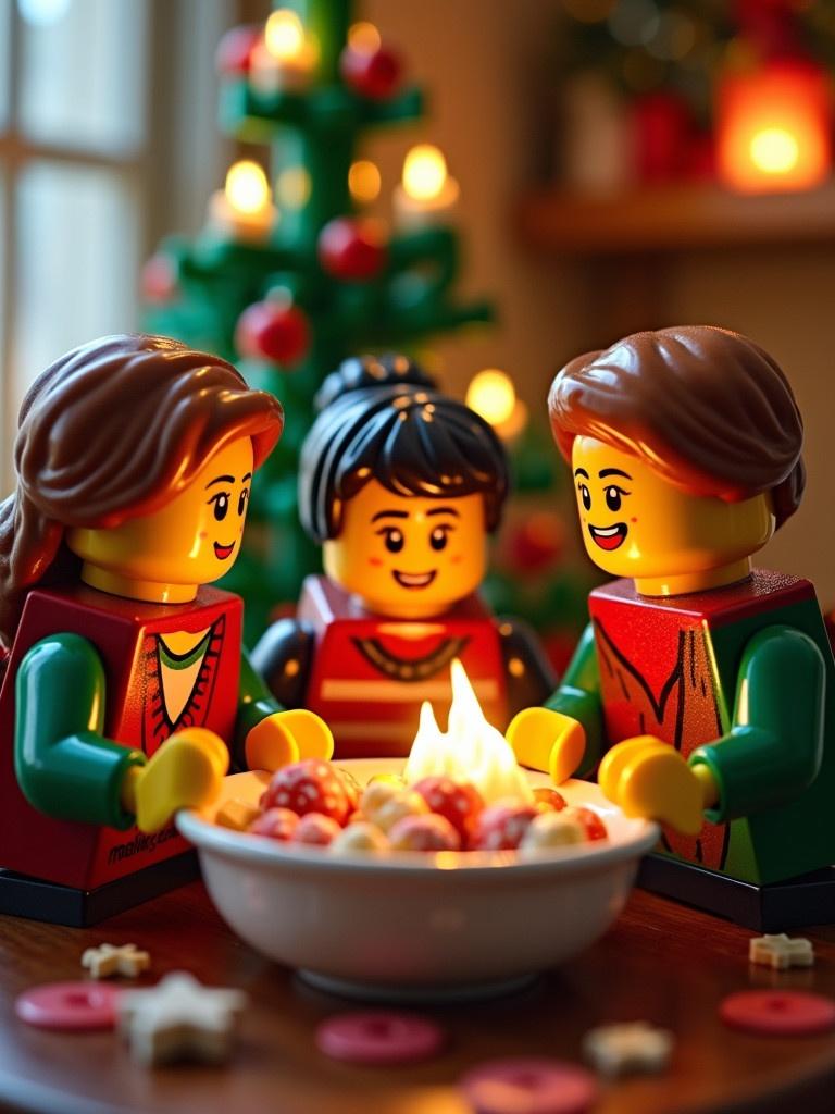 LEGO figures celebrate Christmas around a bowl of treats. The background features a decorated Christmas tree with warm lights. The scene evokes joy and togetherness, highlighting festive colors.