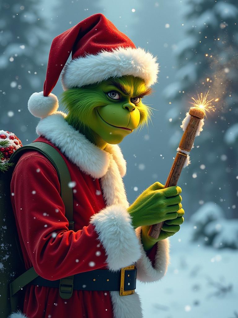 Grinch in Santa suit and hat writing in snow while holding a sparkler.