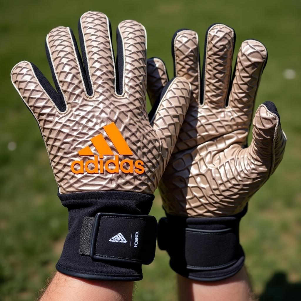 Adidas grippy goalkeeper gloves used for one year. The gloves are beige with a textured surface. The brand logo is prominently displayed in orange. Gloves positioned upwards to show grip and design.