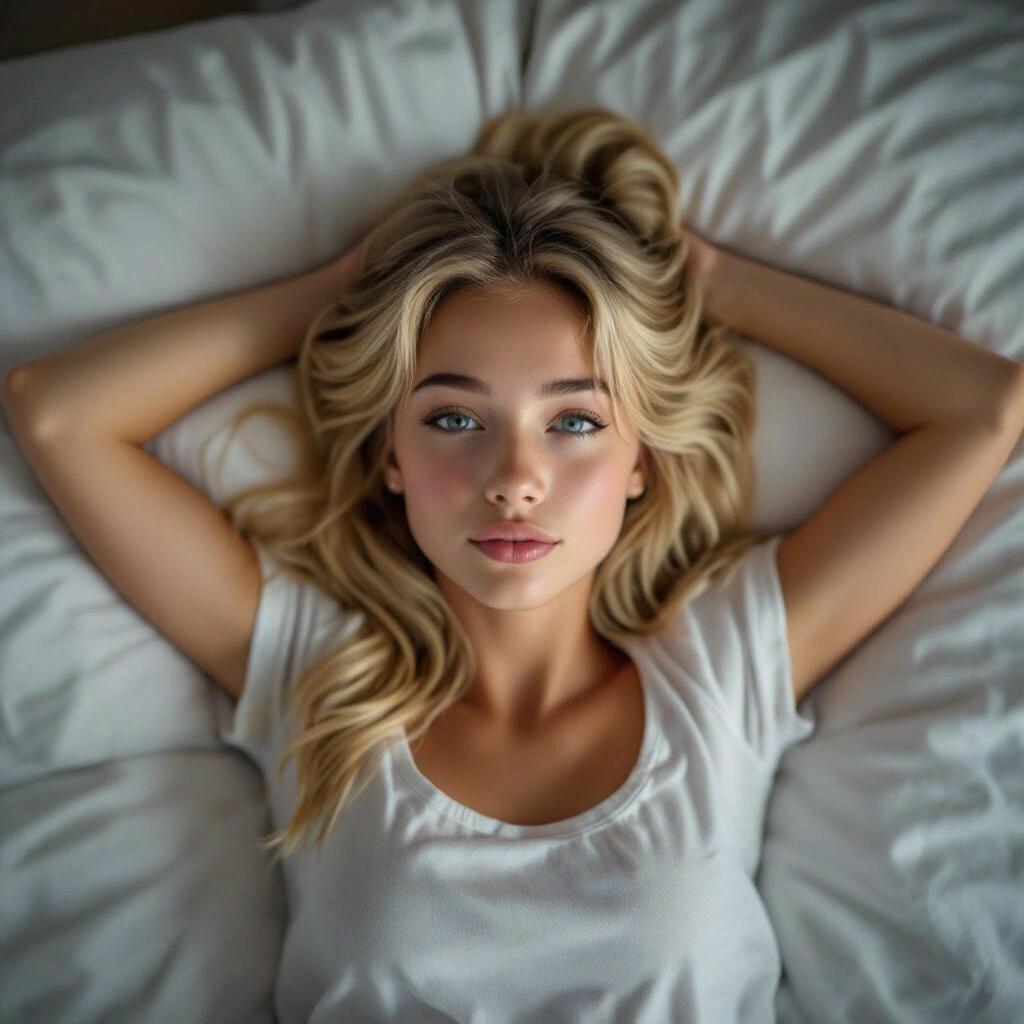 Blonde girl lying on bed with arms above her head. Timid expression with slight frown and blushing cheeks. Overhead perspective, soft curtains and natural light.