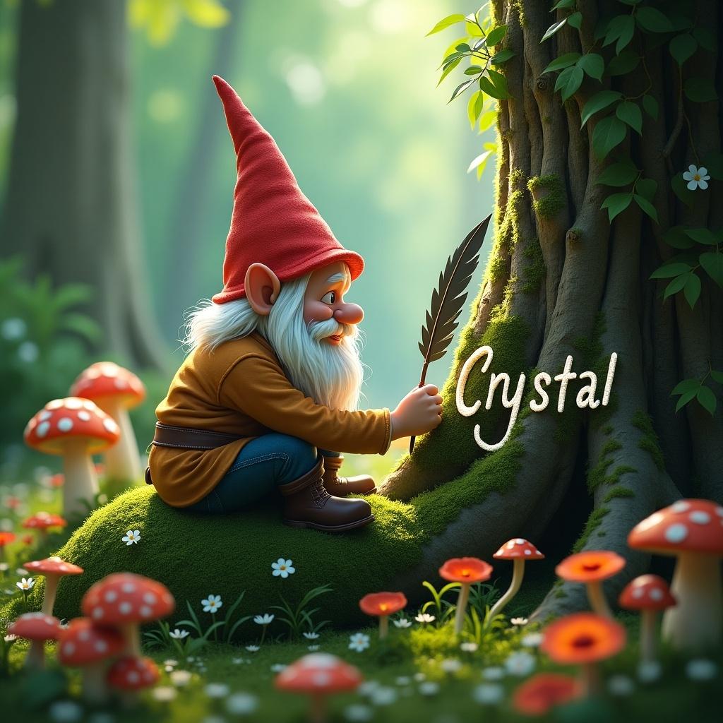 Gnome sitting in a forest. Gnome writes name Crystal on a rock. Colorful mushrooms surround the gnome. Lush greenery in the background. Playful and whimsical setting.