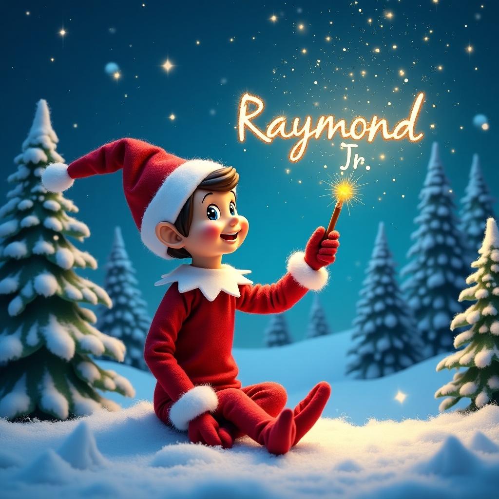 Image showcases an elf on the shelf in Santa’s village. The elf sits on snow using a wand to write names. Names appear above in sparkling light against a star-filled sky. Evergreen trees surround the scene, enhancing the festive atmosphere.