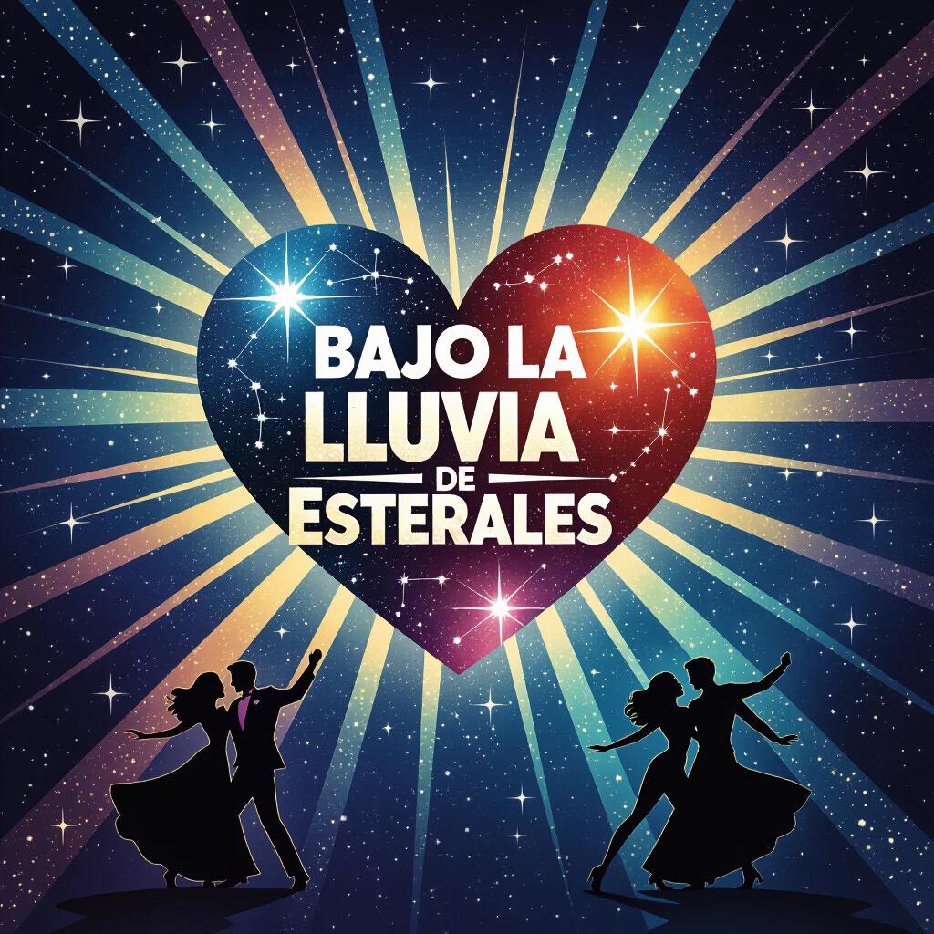 Comic book cover featuring a heart made of constellations and nebulas. Heart radiates light rays transforming into dance paths. Silhouettes of couples dancing. Dark cosmic background with light dots. Logo integrated in heart's center with explosion effect.