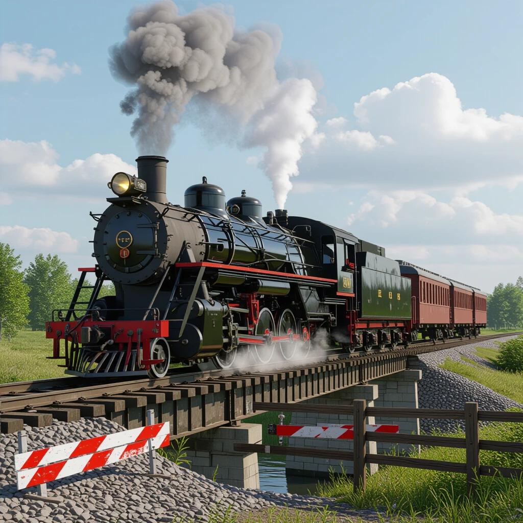 Hyperreal 3D photograph of a gigantic 1870 steam locomotive crossing a bridge. The locomotive is a 2-8-0 Consolidation type. It occupies 90% of the frame with visible detailing like rivets and rust streaks. Volcanic steam plume from the stack. Train cars are blurred behind a barrier. Background of pine forests and distant mountains. Shot with Hasselblad H6D 100C + HC 300mm f/4.0.
