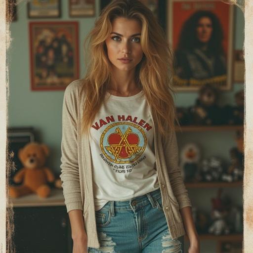 Woman dressed in 80's style. Faded jeans and open cardigan. T-shirt with 'Van Halen - Amplified Collection - World Tour 78'. Background with posters and stuffed animals. Poor lighting and dull colors. Lots of make-up. Captured in Polaroid style.