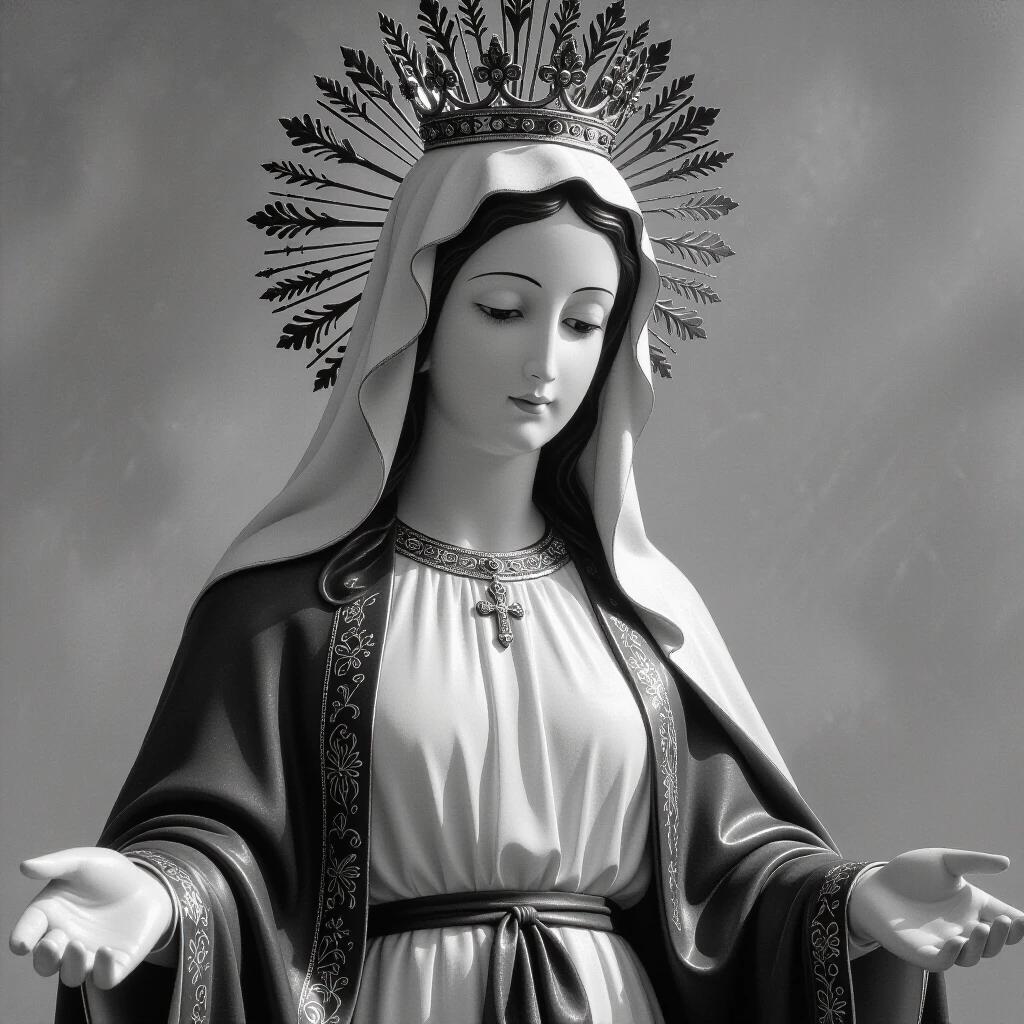 Image of Our Lady depicted in monochrome. Sculptural representation shows the figure with outstretched arms. The detailed attire is elegant and regal.