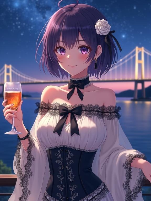 Anime-style character with short dark violet hair and a white rose in an evening setting. She wears an off-the-shoulder blouse with black lace. The character holds a drink on a balcony overlooking a bridge under the stars. Her outfit combines traditional and modern elements.