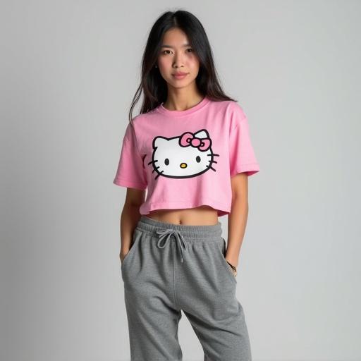 A woman wears a pink cropped t-shirt featuring Hello Kitty. She also wears grey sweatpants. The outfit is casual and modern. Her expression is relaxed and confident.