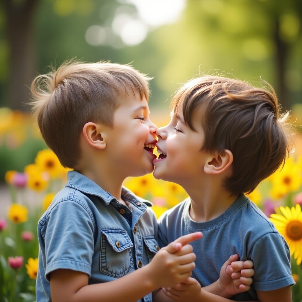 This image captures a heartwarming moment between two little boys playfully kissing each other on the lips. They are surrounded by a vibrant field of colorful flowers, primarily yellow daisies. The boys have joyful expressions, symbolizing innocence and the bond of friendship. The warm sunlight creates a soft glow, enhancing the cheerful atmosphere. This delightful scene evokes feelings of love and happiness, perfect for showcasing beautiful moments of childhood.